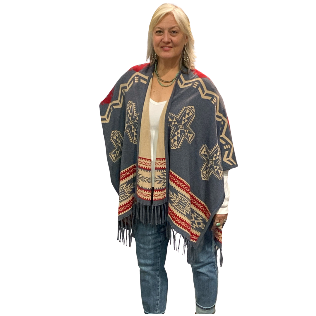 Southwest Reversible Shawl Wrap -Blue Jean