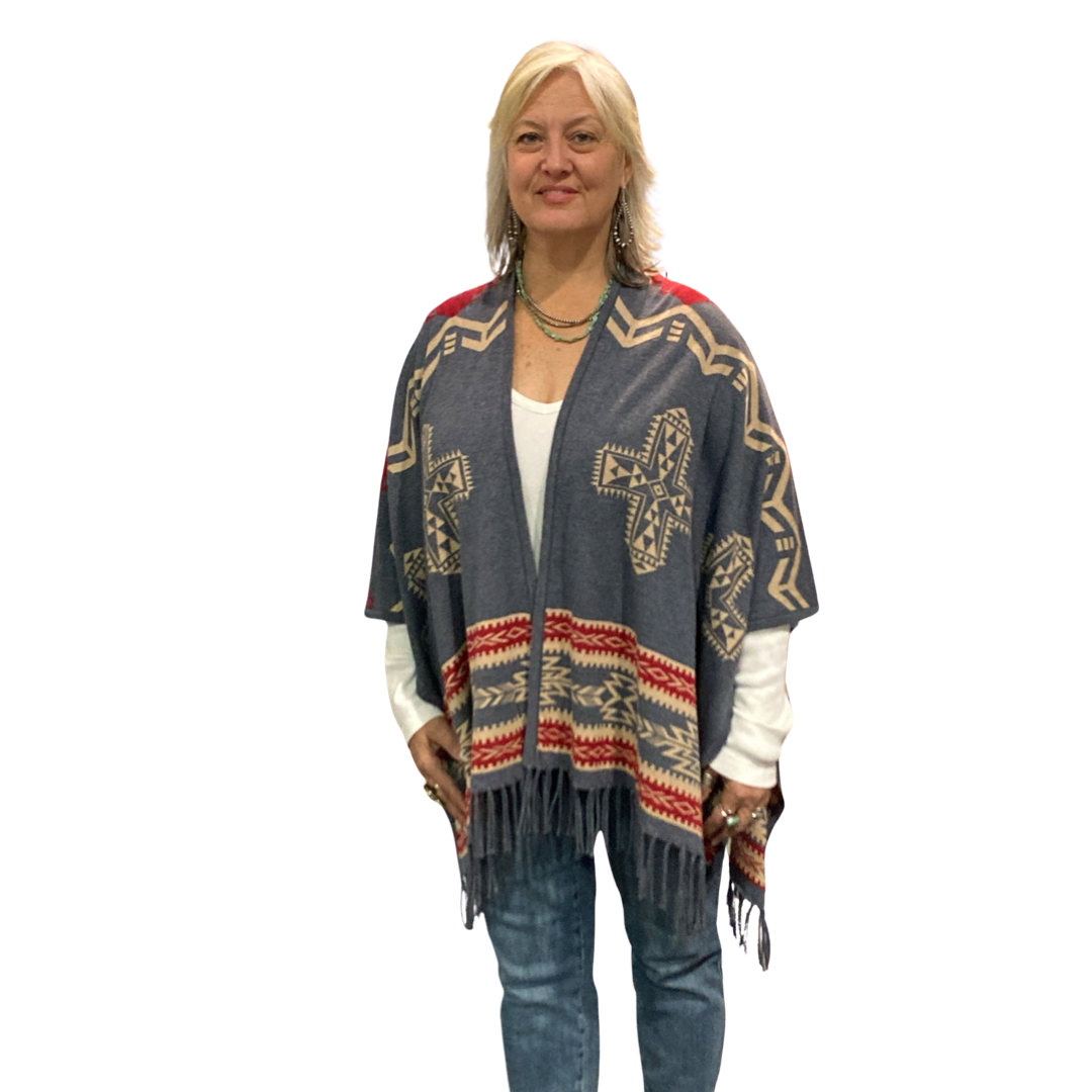 Southwest Reversible Shawl Wrap -Blue Jean