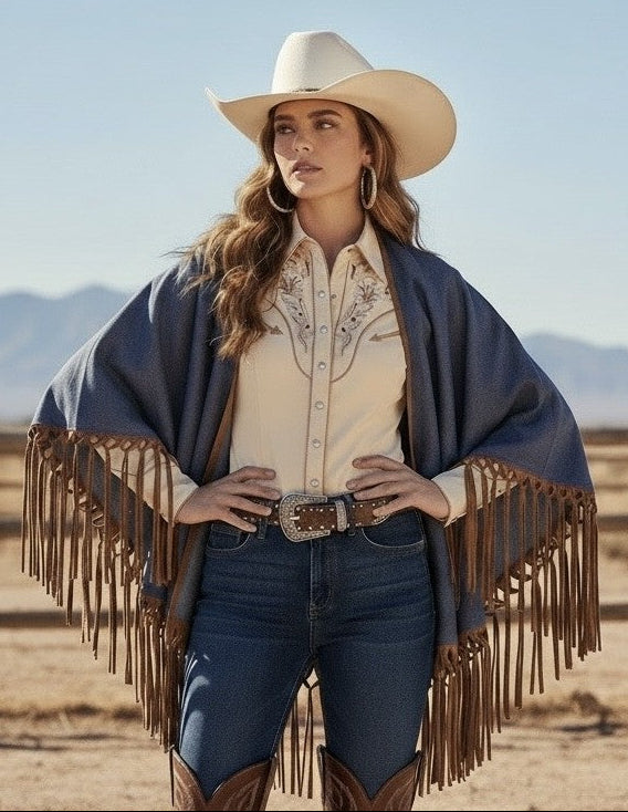 Denim Fringe Wrap - Faux suede fringe