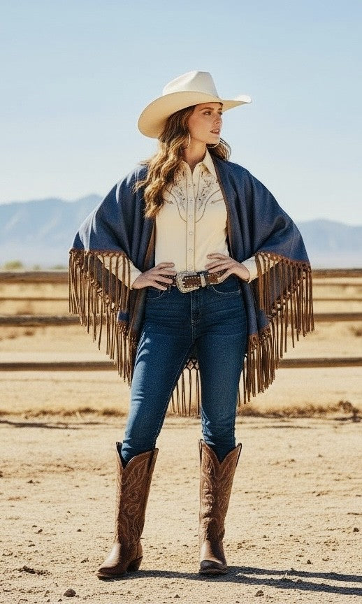 Denim Fringe Wrap - Faux suede fringe