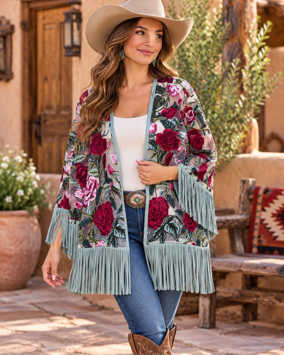 Floral Rose Shawl Wrap - Seafoam