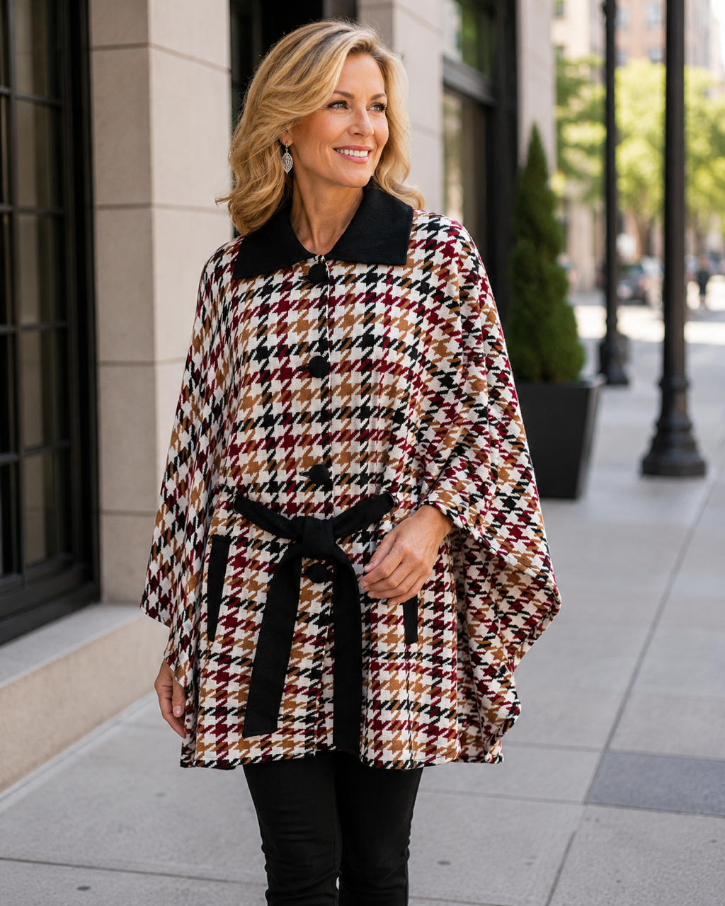 Houndstooth Cape Coat - Burgundy