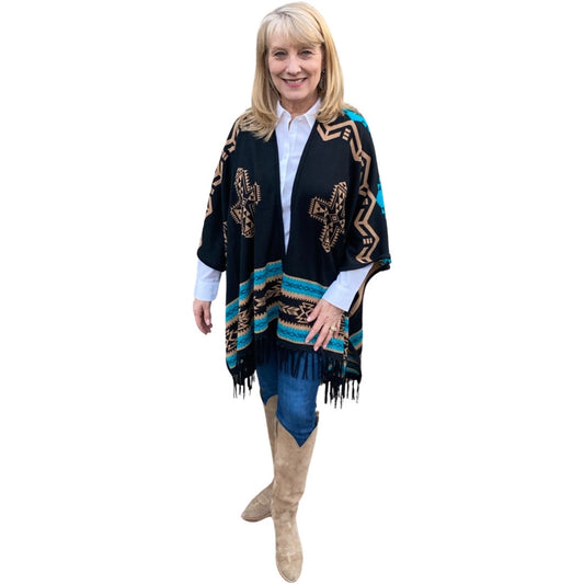 Southwest Reversible Shawl Wrap - Black/Tan