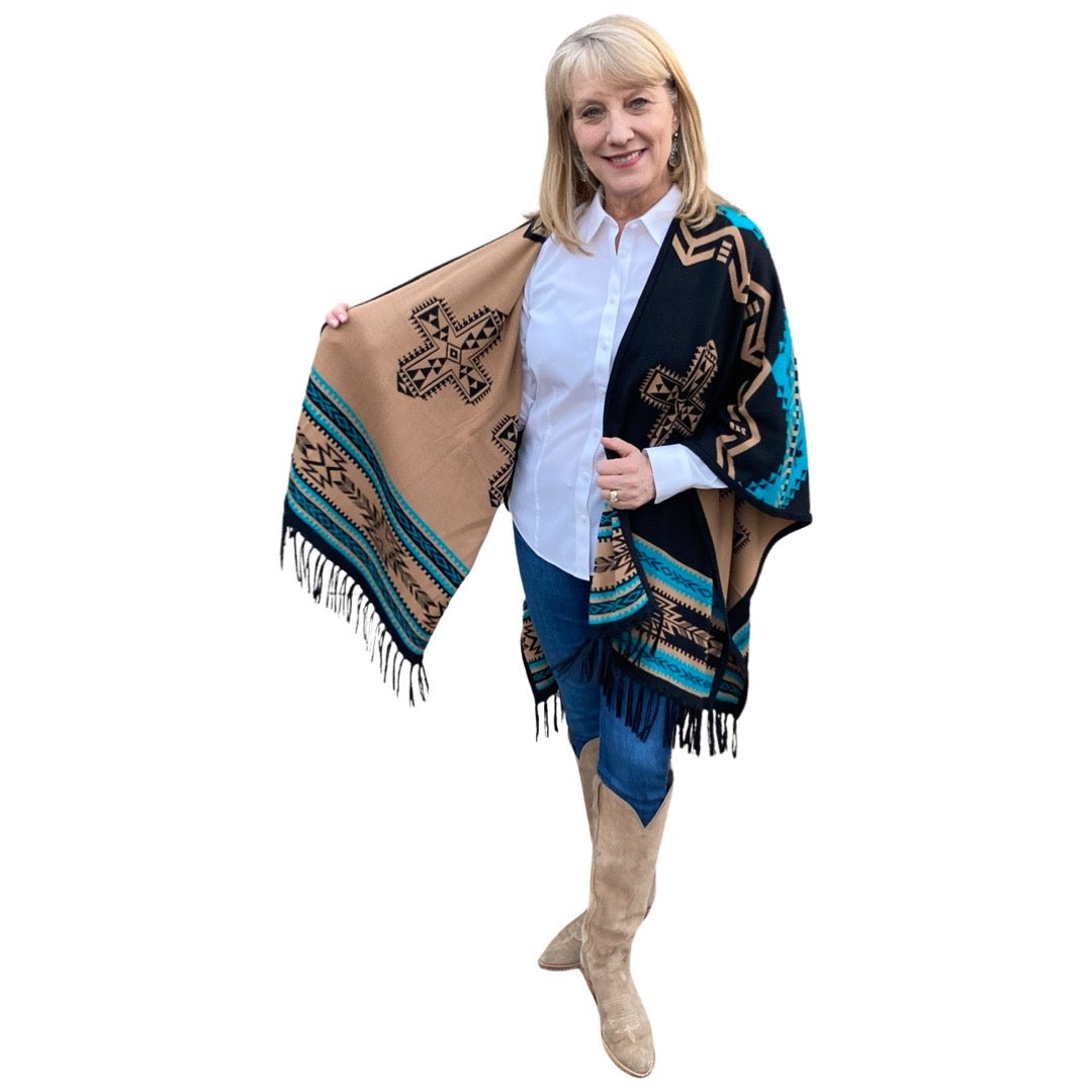 Southwest Reversible Shawl Wrap - Black/Tan