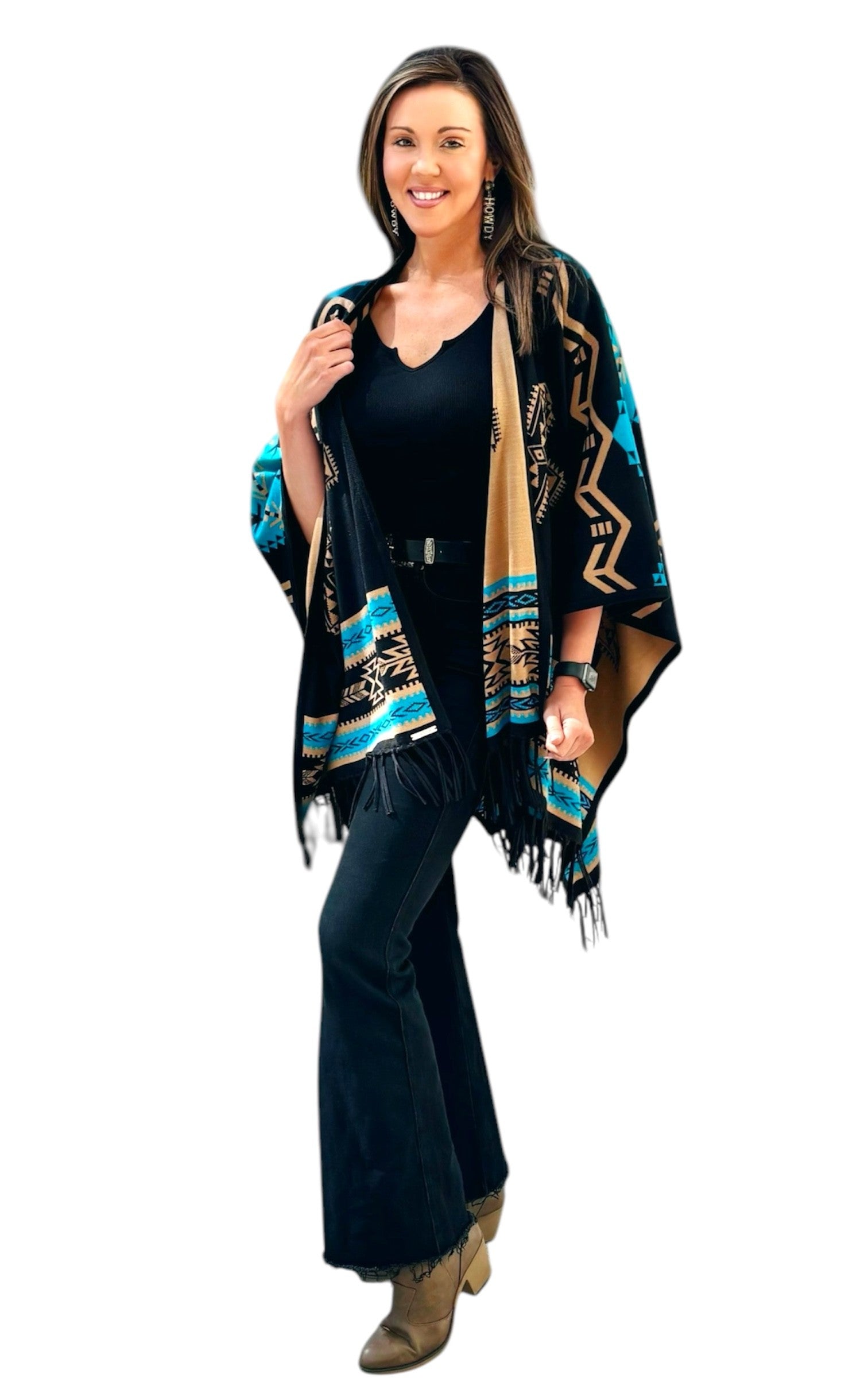 Southwest Reversible Shawl Wrap - Black/Tan