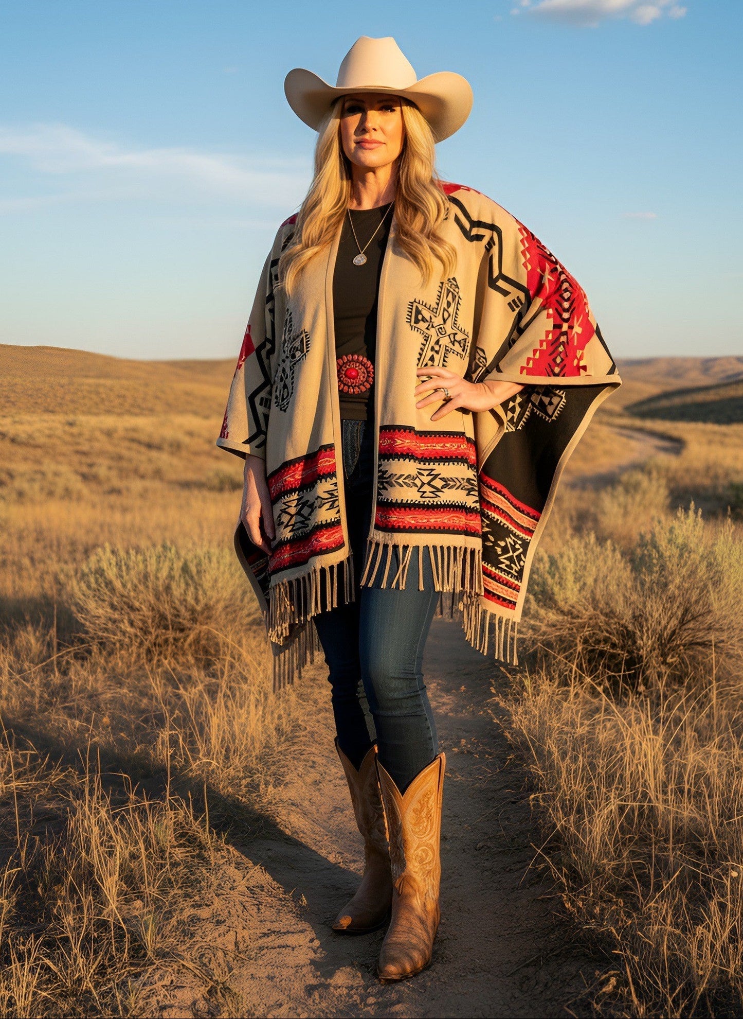 Southwest Reversible Shawl Wrap - Red/Tan/Black