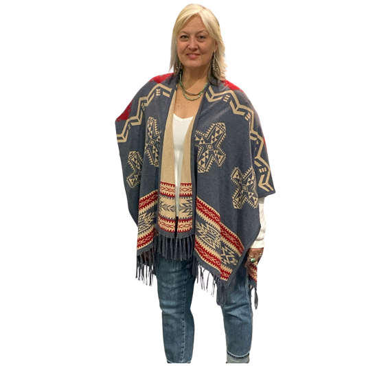 Southwest Reversible Shawl Wrap -Blue Jean