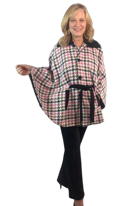 Houndstooth Cape Coat - Pink